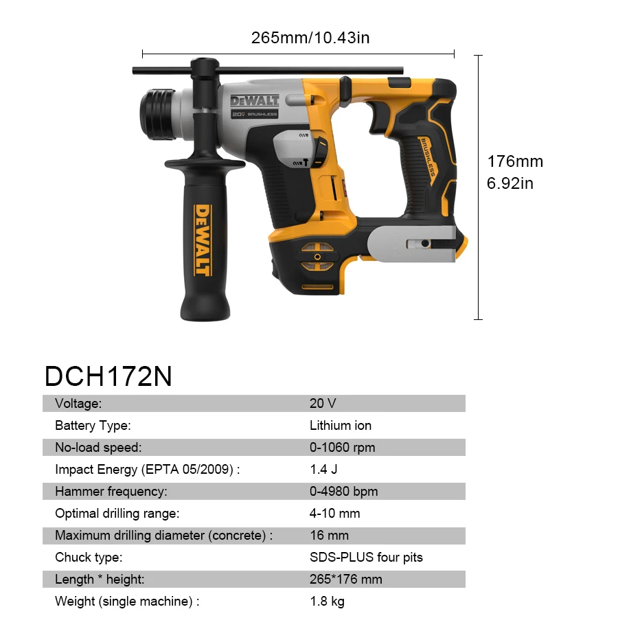 DeWalt DCH172N ไร้สายชาร์จไฟฟ้ - Cordless Rotary Hammer 20V Brushless บทวิจารณ์และราคา